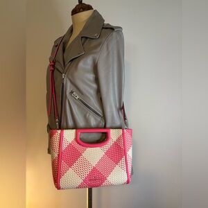 Kate Spade Pink and Cream woven straw and leather crossbody bag purse